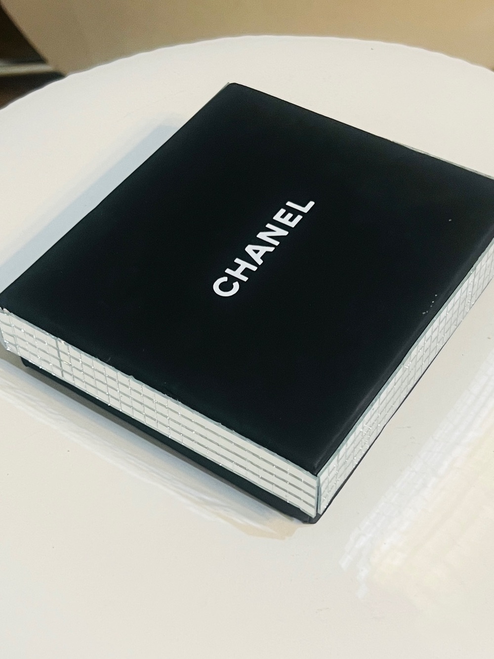 CHANEL Black and White Logo Box with Mirrored Embellishments on side of box